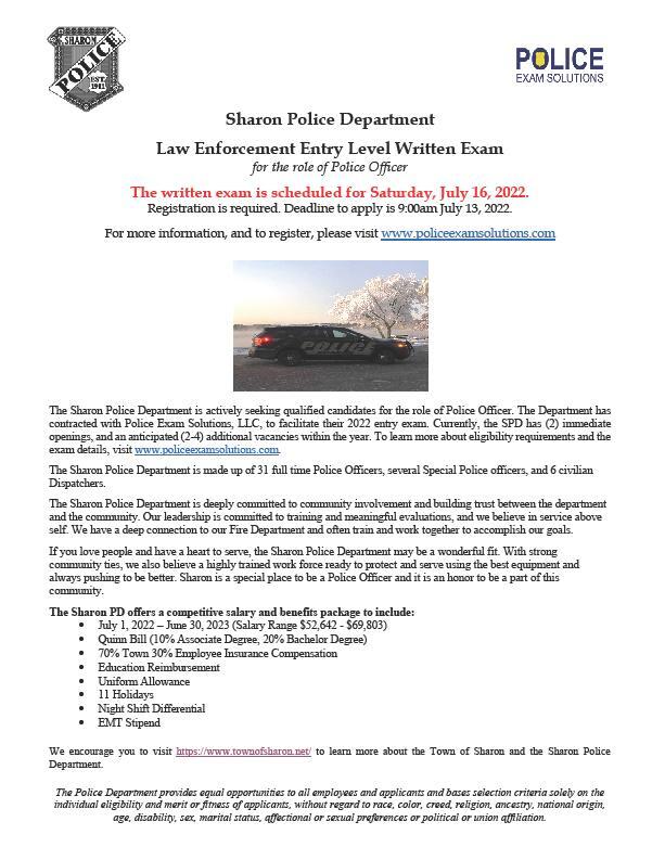 Best job in the world Sharon Police entrance test July 16th, 2022 (Sharon Police Department
