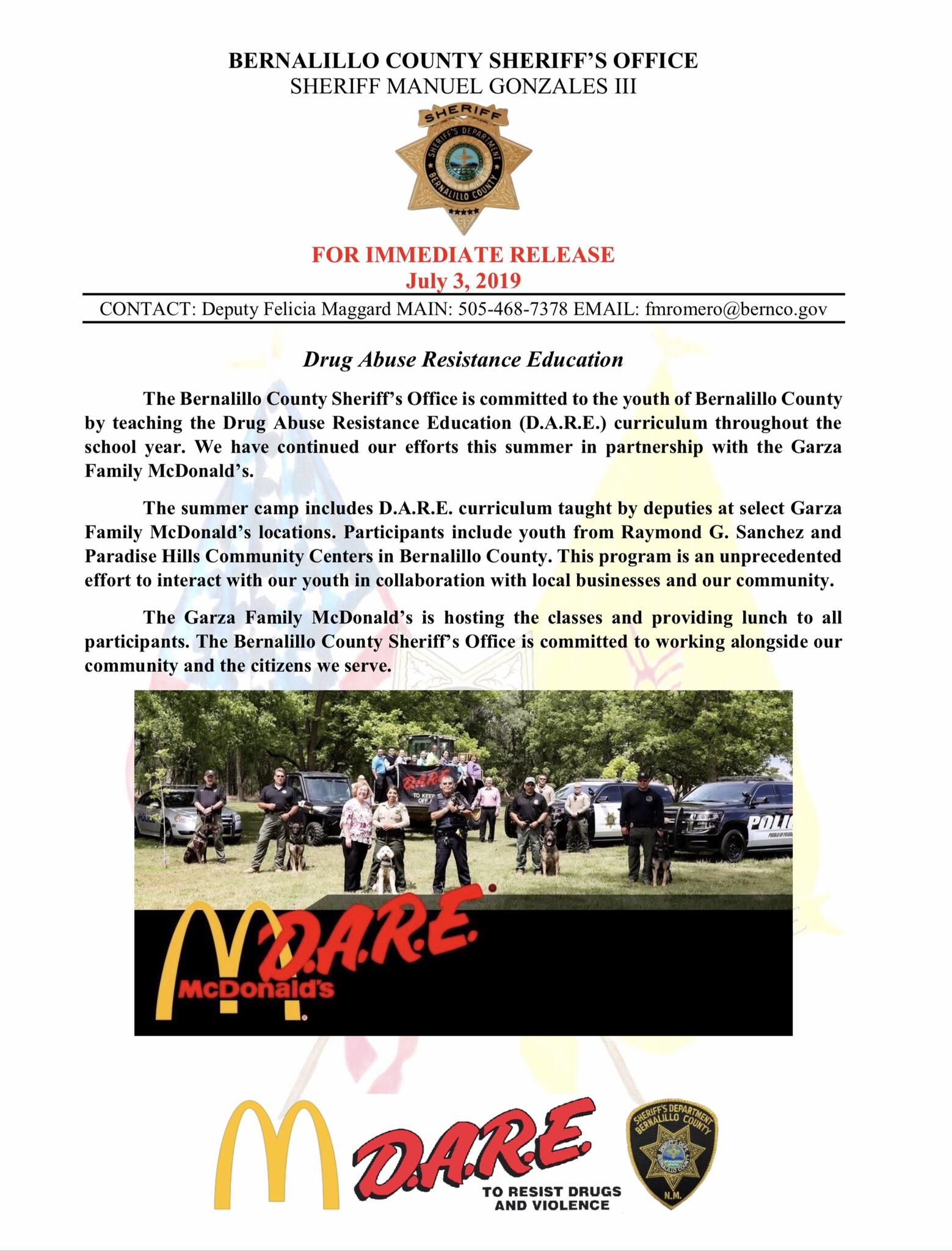 ***Press Release*** Drug Abuse Resistance Education (Bernalillo County