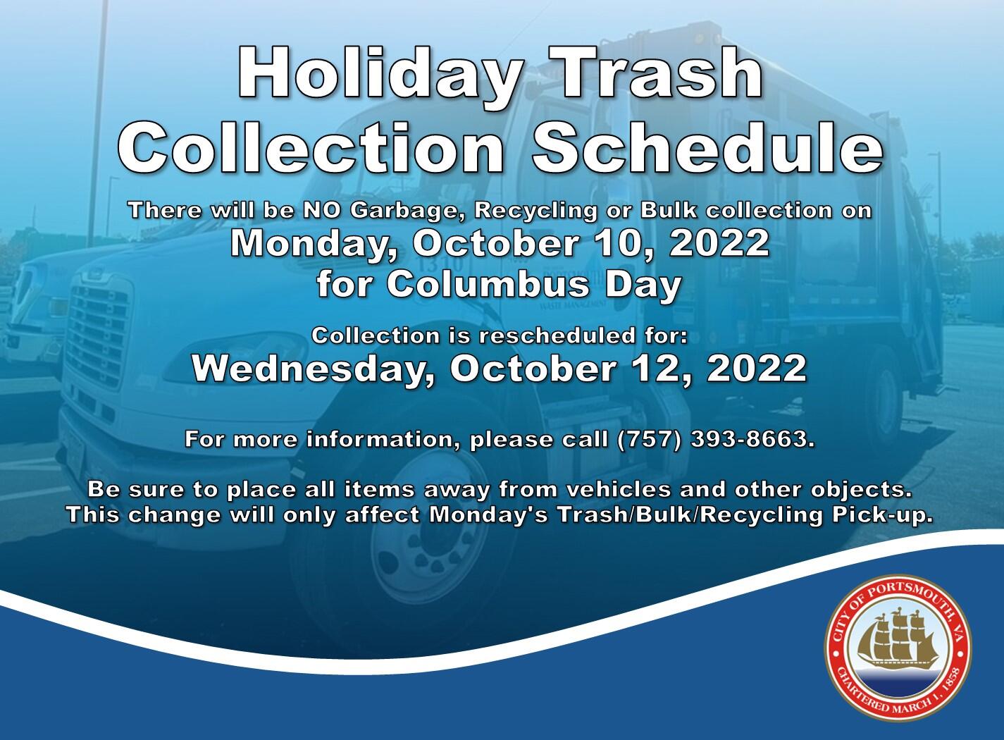 Holiday Trash Collection Schedule for Columbus Day 2022 (City of