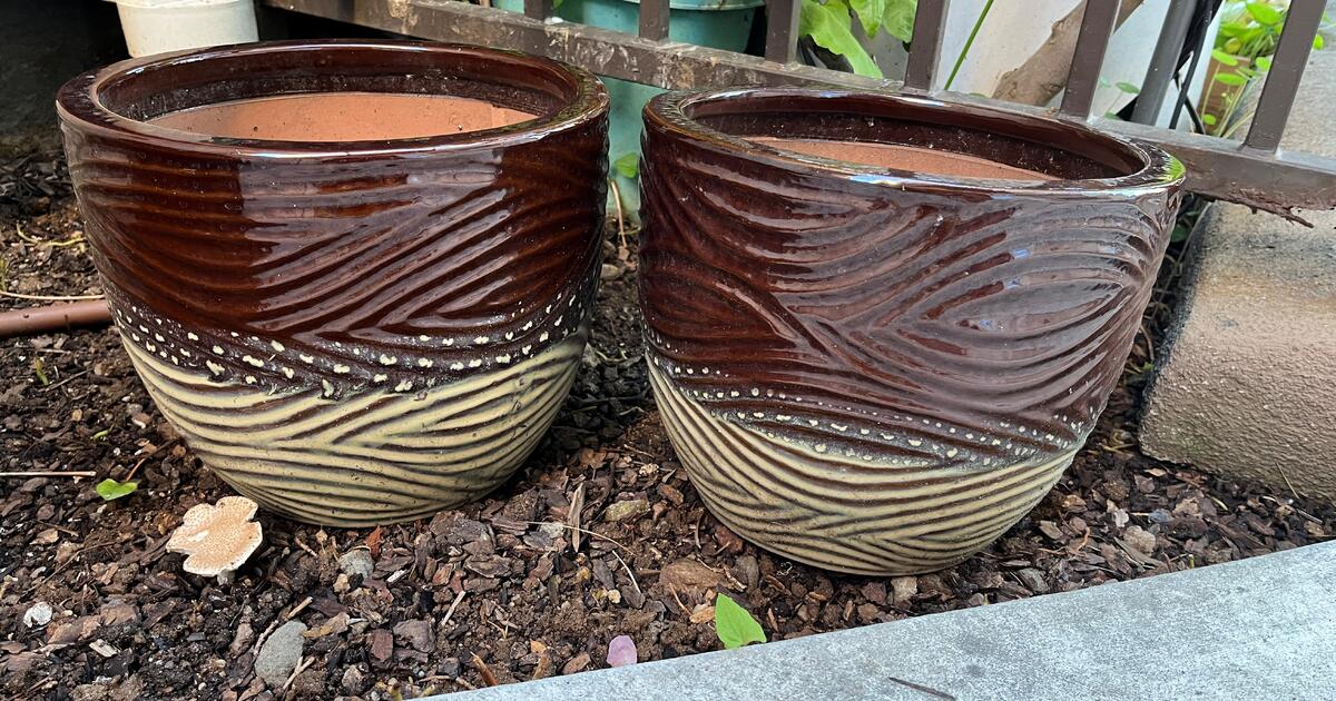 Set of (2) Brown / Carmel Glazed Ceramic Plant Pots for 15 in
