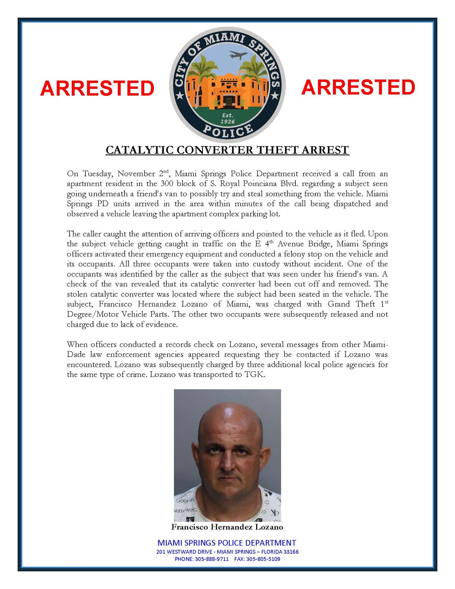 Catalytic Converter Theft Arrest (Miami Springs Police Department