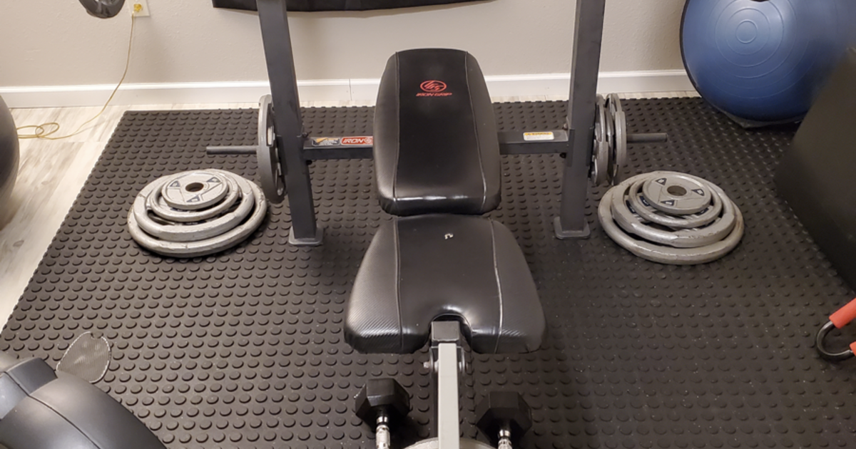 Iron Grip Weight Bench, Olympic Weights, 7' Bench Bar, and Rubber Matts ...
