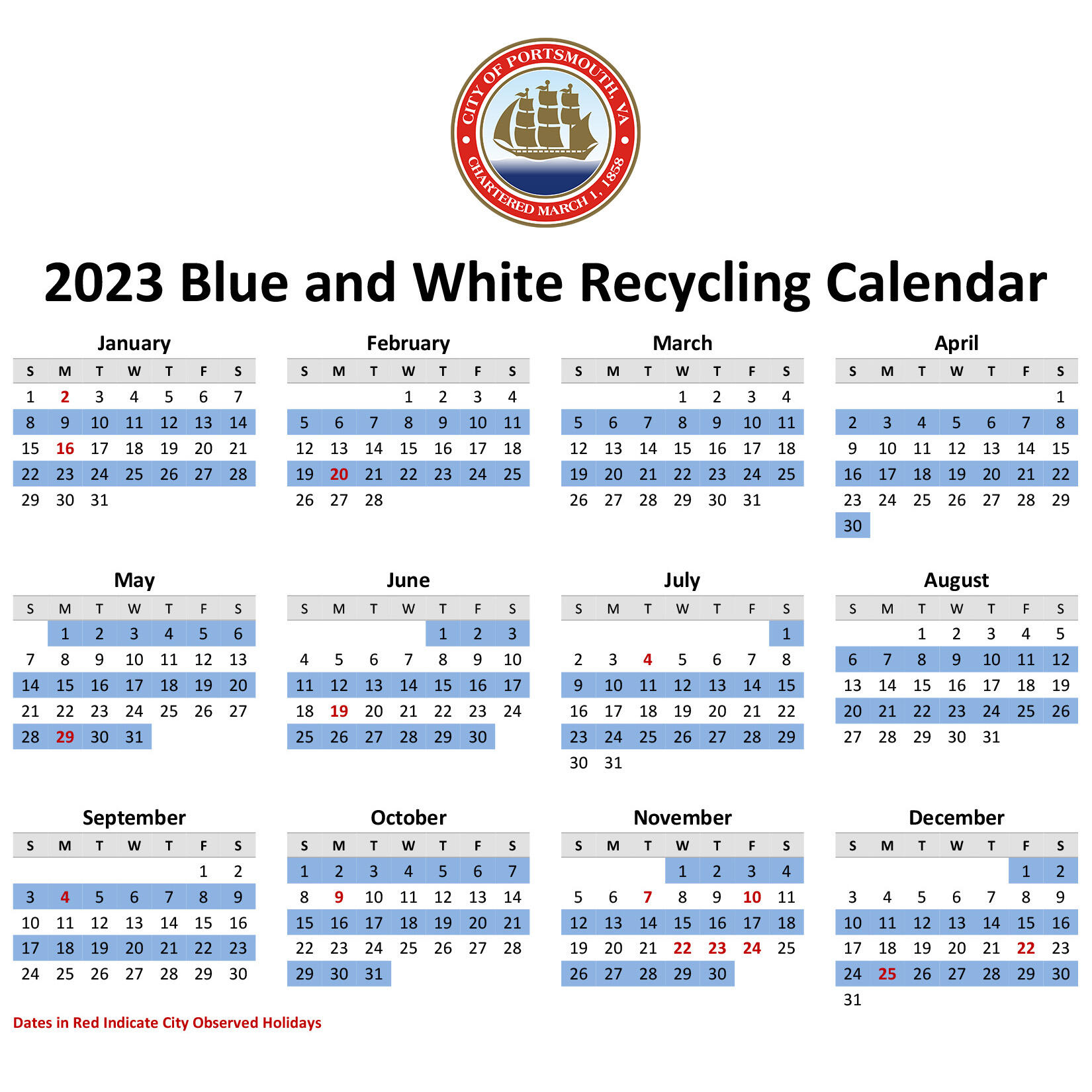2023 Blue/White Recycling Calendar (City of Portsmouth) — Nextdoor
