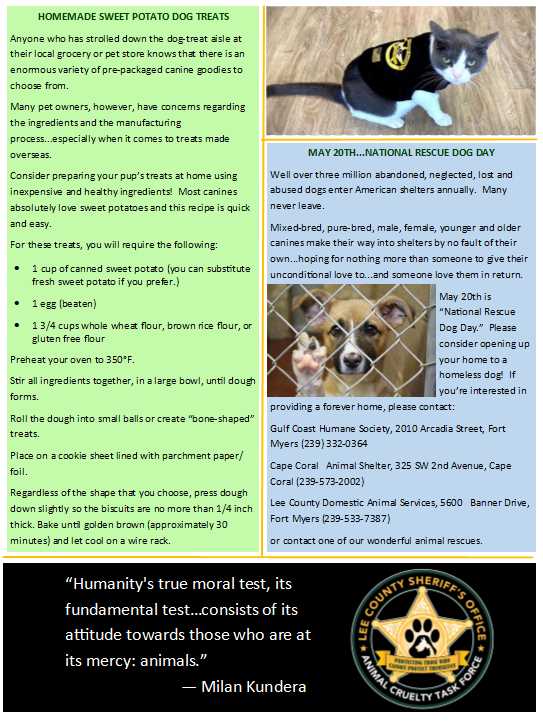 LCSO ANIMAL CRUELTY TASK FORCE NEWSLETTER: MAY 2022 (Lee County Sheriff's  Office) — Nextdoor — Nextdoor