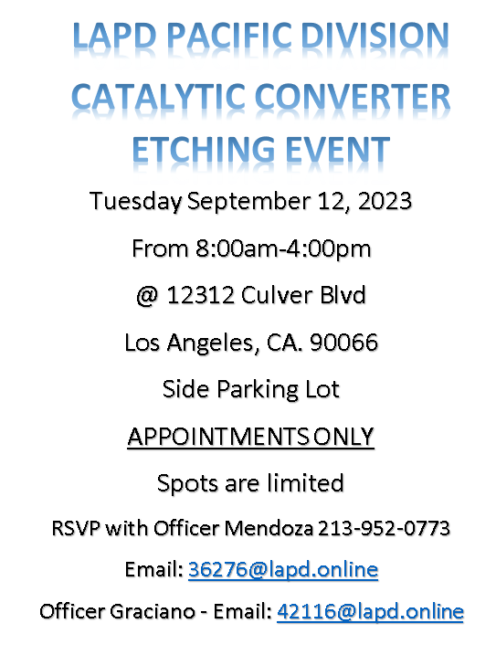 Join us for a free Catalytic Converter Etching event. (Los Angeles
