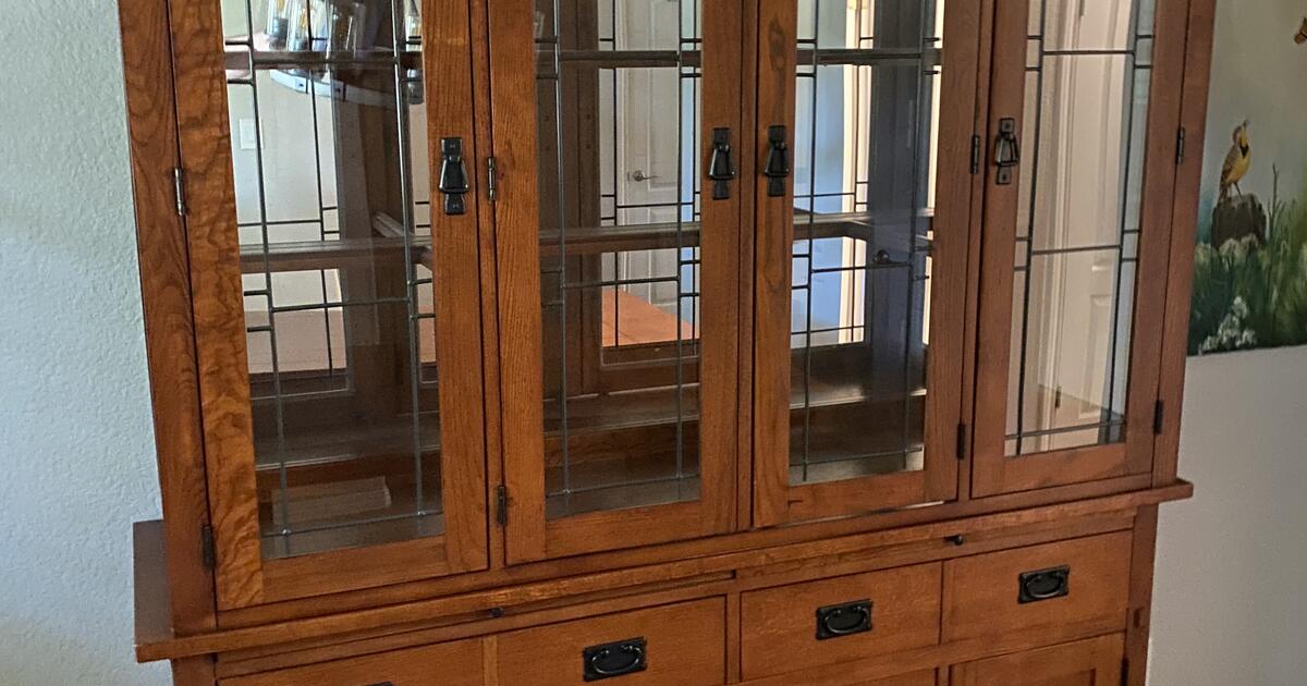 Solid Oak Mission Style Dining Room Table, Chairs and China for