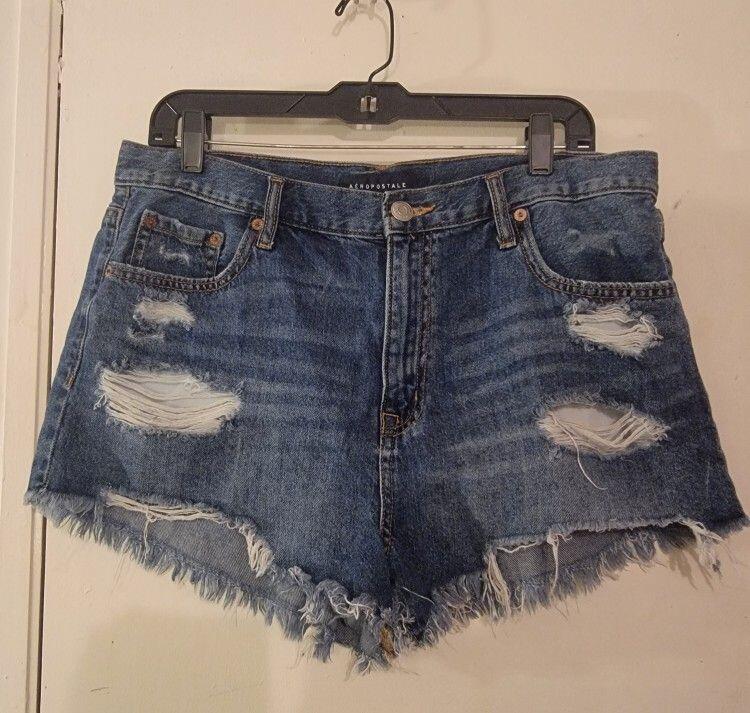 Aeropostale High Rise Shorty Distressed Denim Jean Shorts Size 12