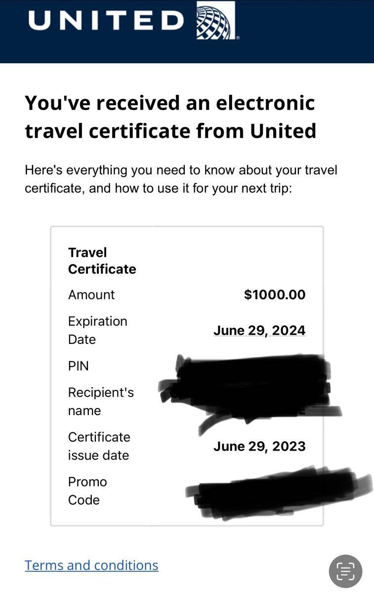 1,000 United Airlines Electronic Travel Certificate for 800 in Lodi