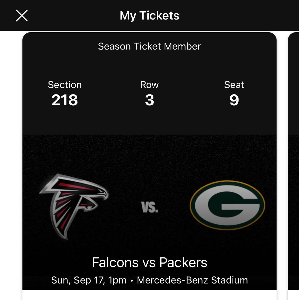 Falcons/GreenBay Tickets Sunday 9/17 1pm For $100 In Atlanta, GA