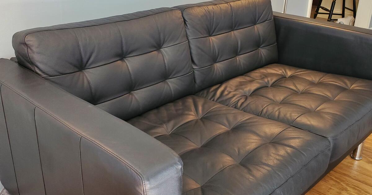 Loveseat, black leather, Ikea for 75 in Charlottesville, VA For Sale