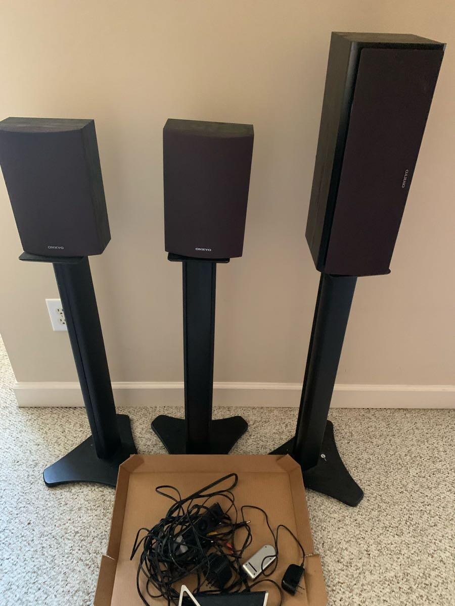 3 speaker stands and speakers