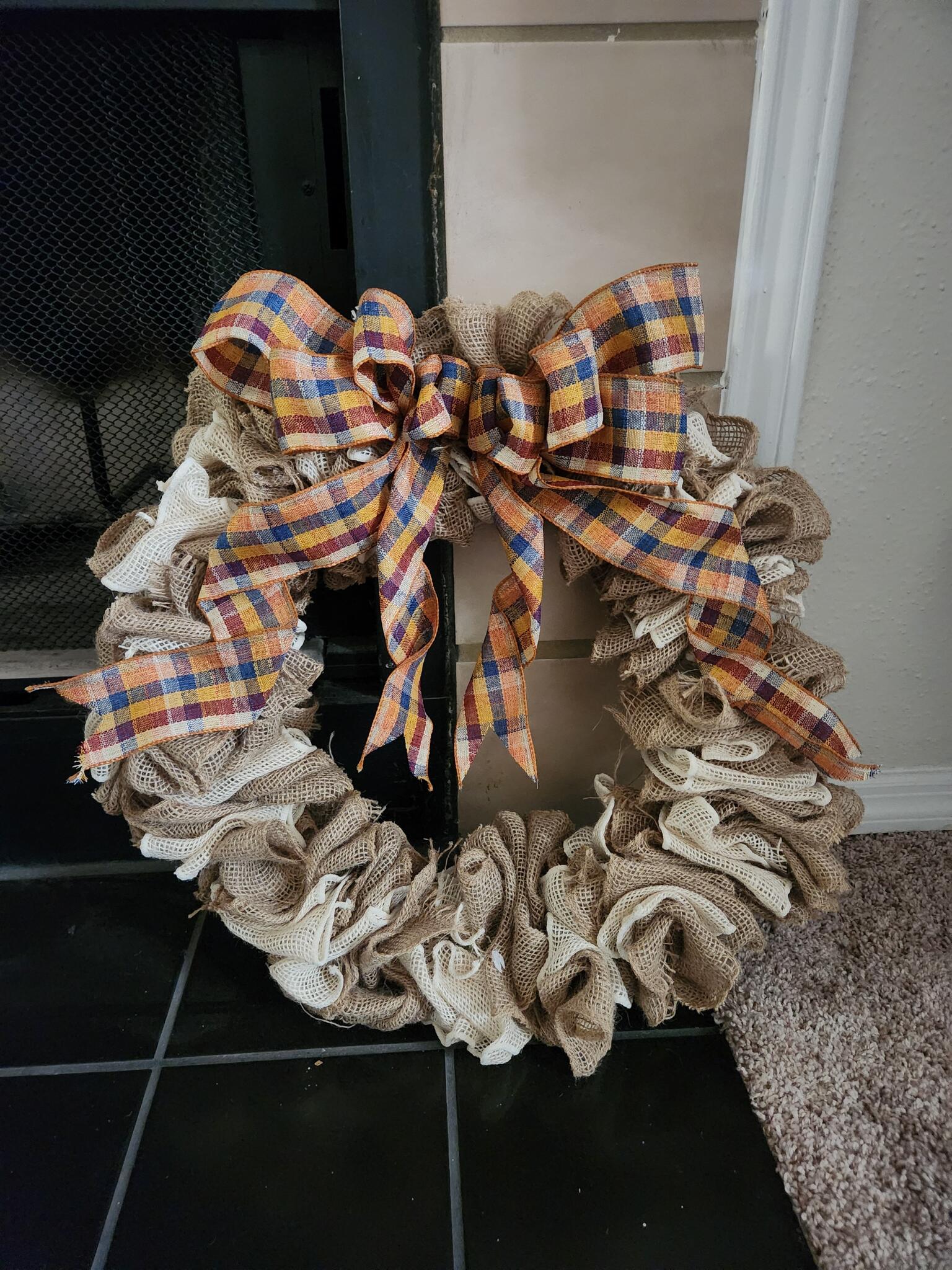 Handmade Fall Burlap Wreath with Plaid Bow