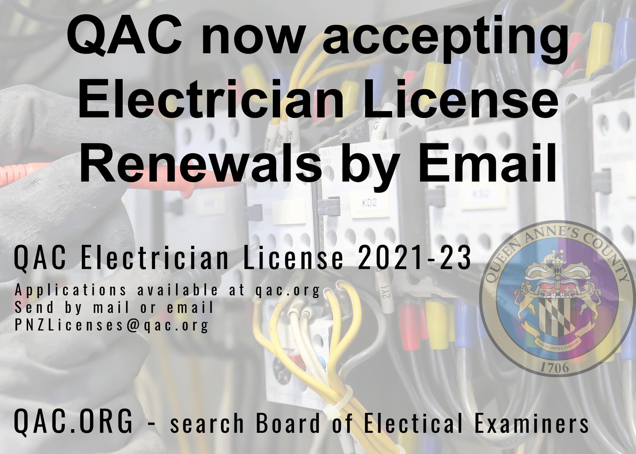 Queen Anne’s County Now Accepting Electrician License Renewals by Email