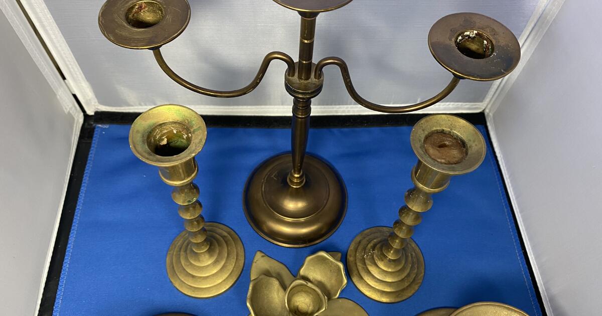 7 Piece Total Vintage German Solid Brass Candle Holders and Snuffer