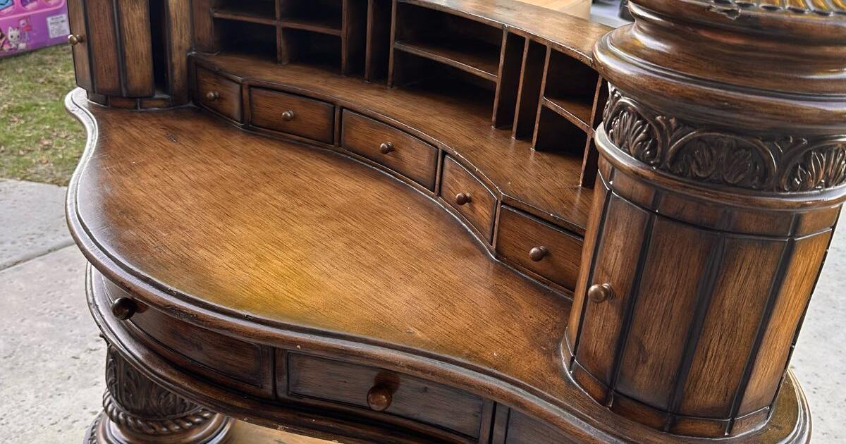 Vintage Curved Antique Style Desk with Corinthian Columns and a Walnut ...