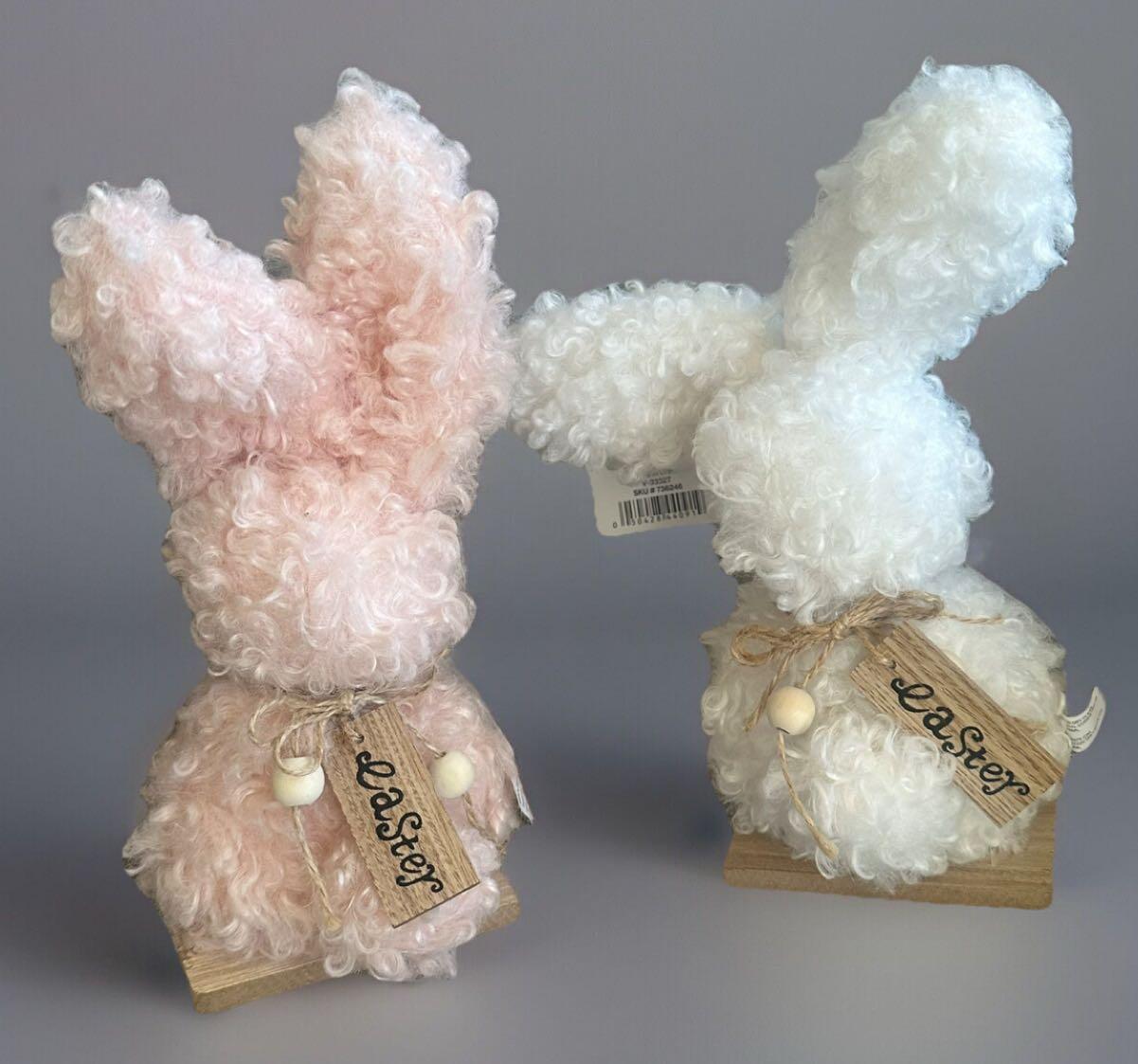 Cute Soft Easter Bunny Decorations - Wooden Base - Set Of Two: Pink & White
