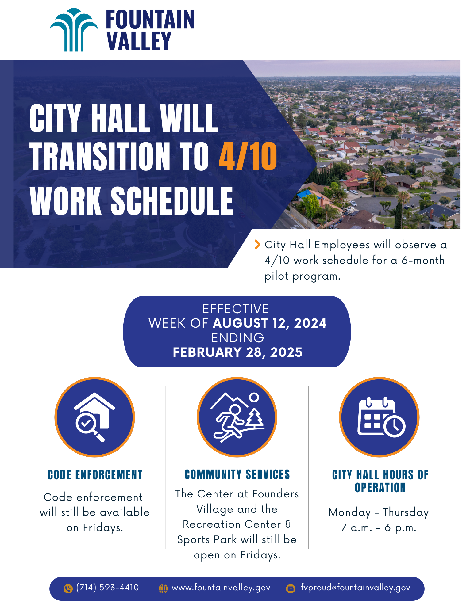 Fountain Valley City Hall to Transition to a 4/10 Work Schedule Pilot