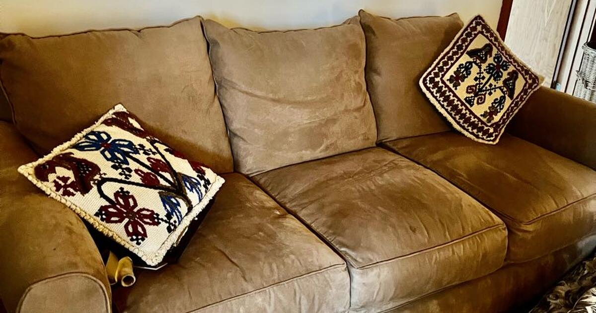 84 inch wide tan color microsuede sofa from Boston Interiors for 135