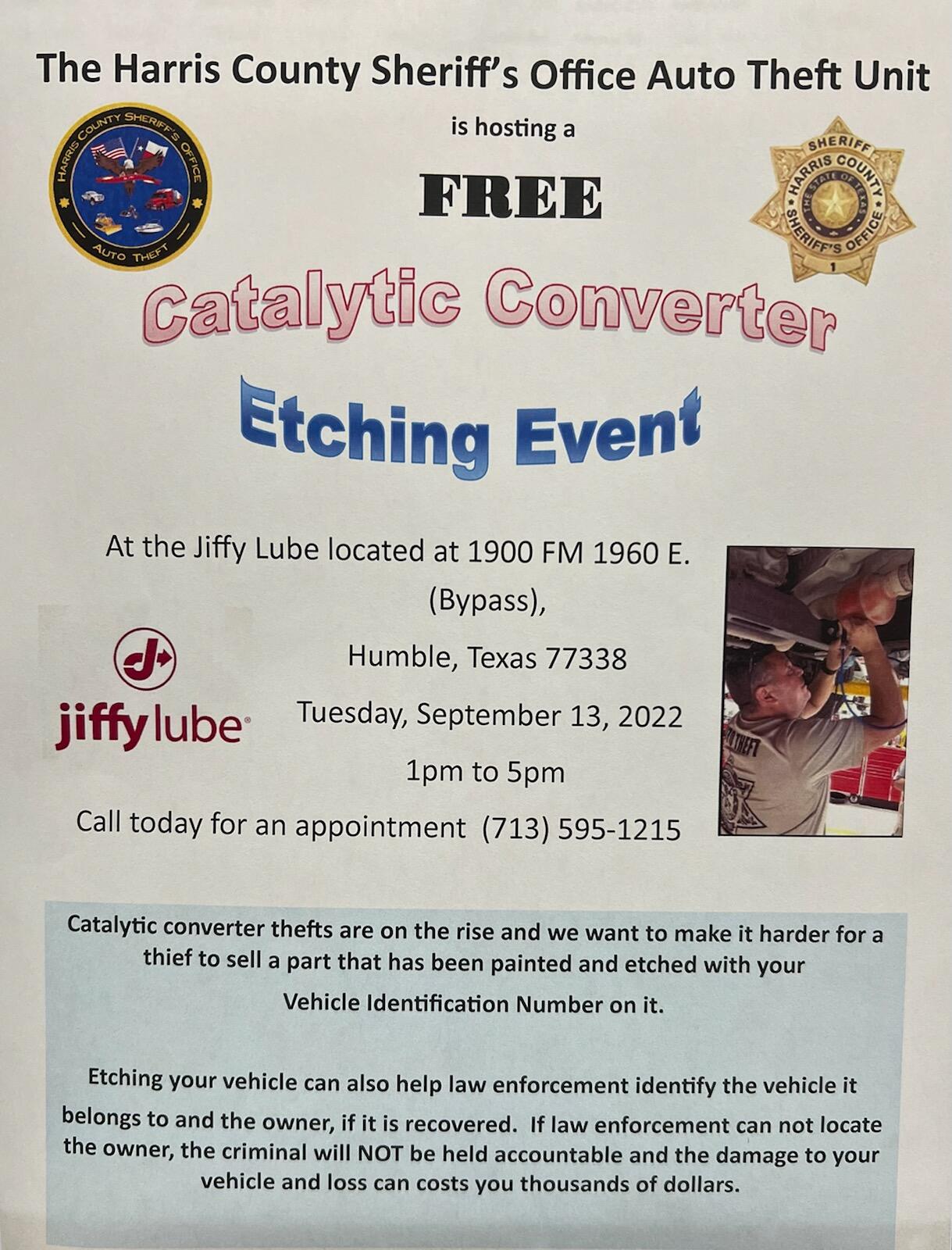 Free Catalytic Converter Etching Event!! Sign up today!! (Harris County