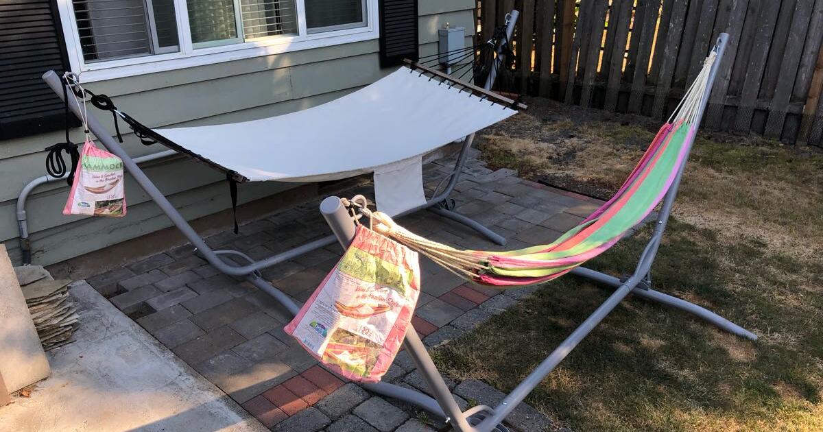 Two IKEA Garo hammock frames with 3 hammocks for 105 in Beaverton, OR