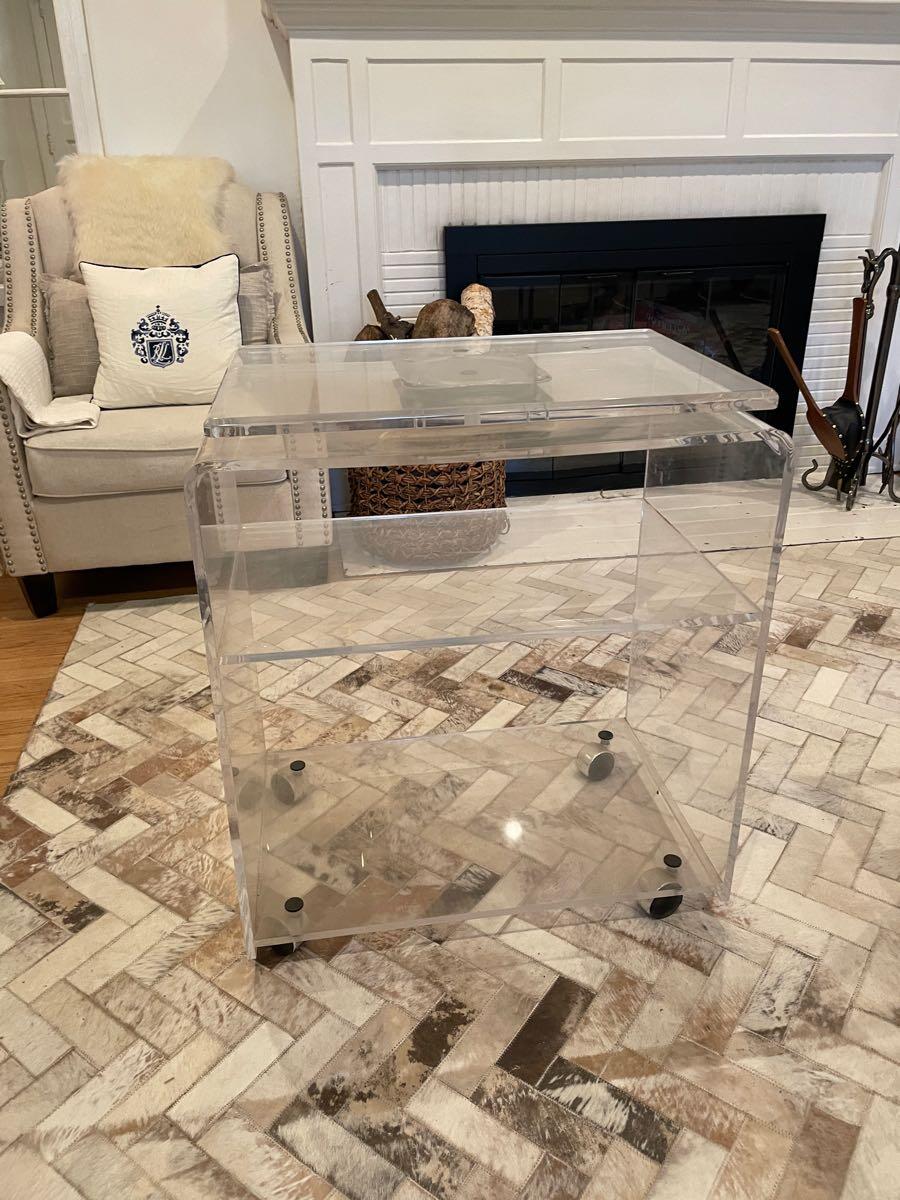 Mid Century modern acrylic lucite tv stand bar cart with swivel top for