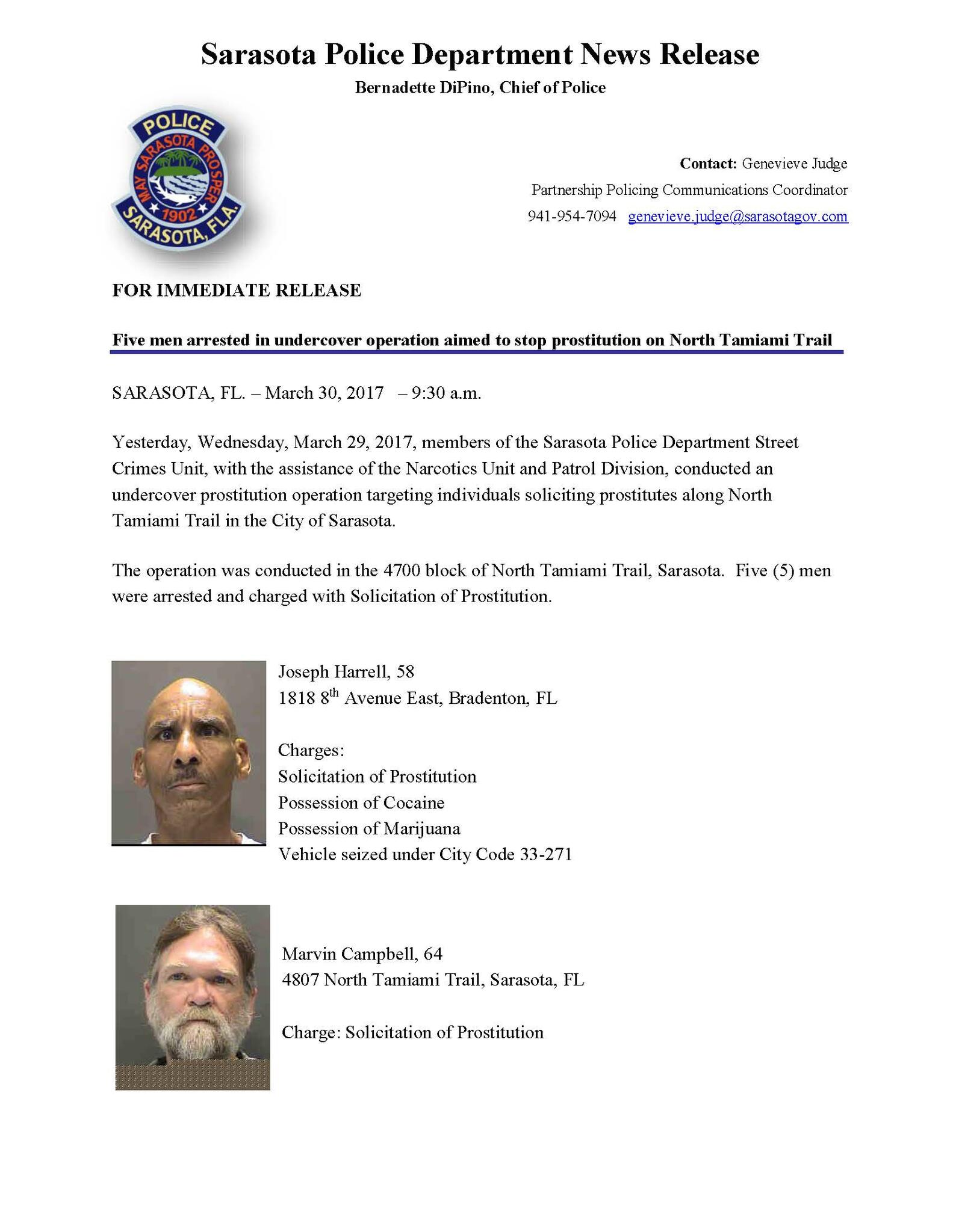 Five men arrested in undercover operation aimed to stop prostitution on  North Tamiami Trail (Sarasota Police Department) — Nextdoor — Nextdoor