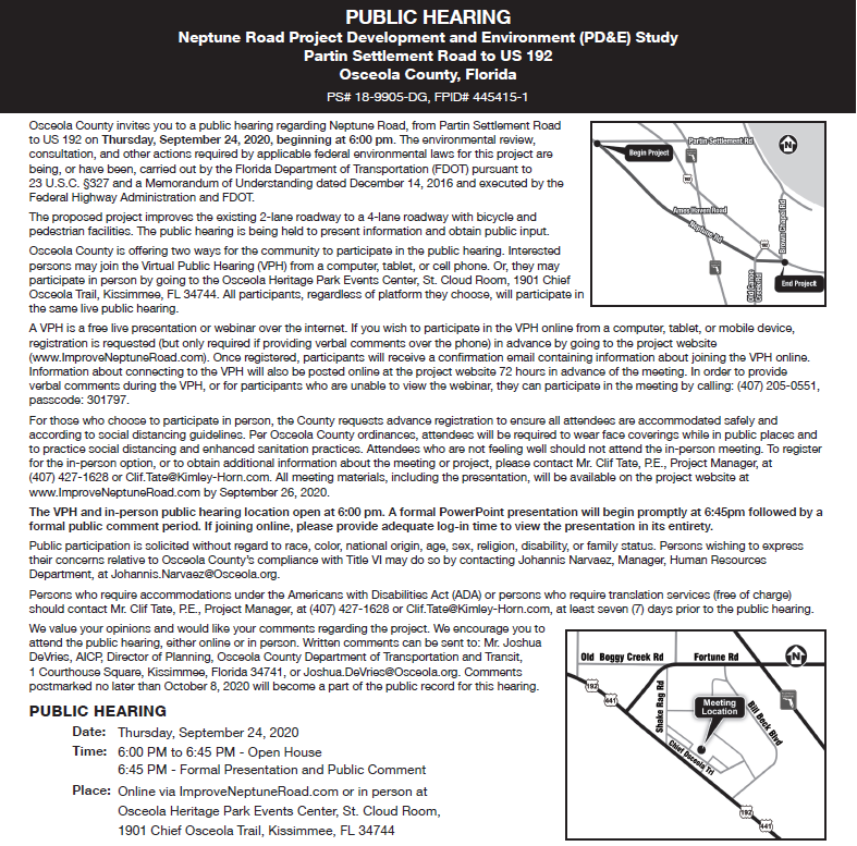 Public Hearing proposed Neptune Road Improvements (Osceola County
