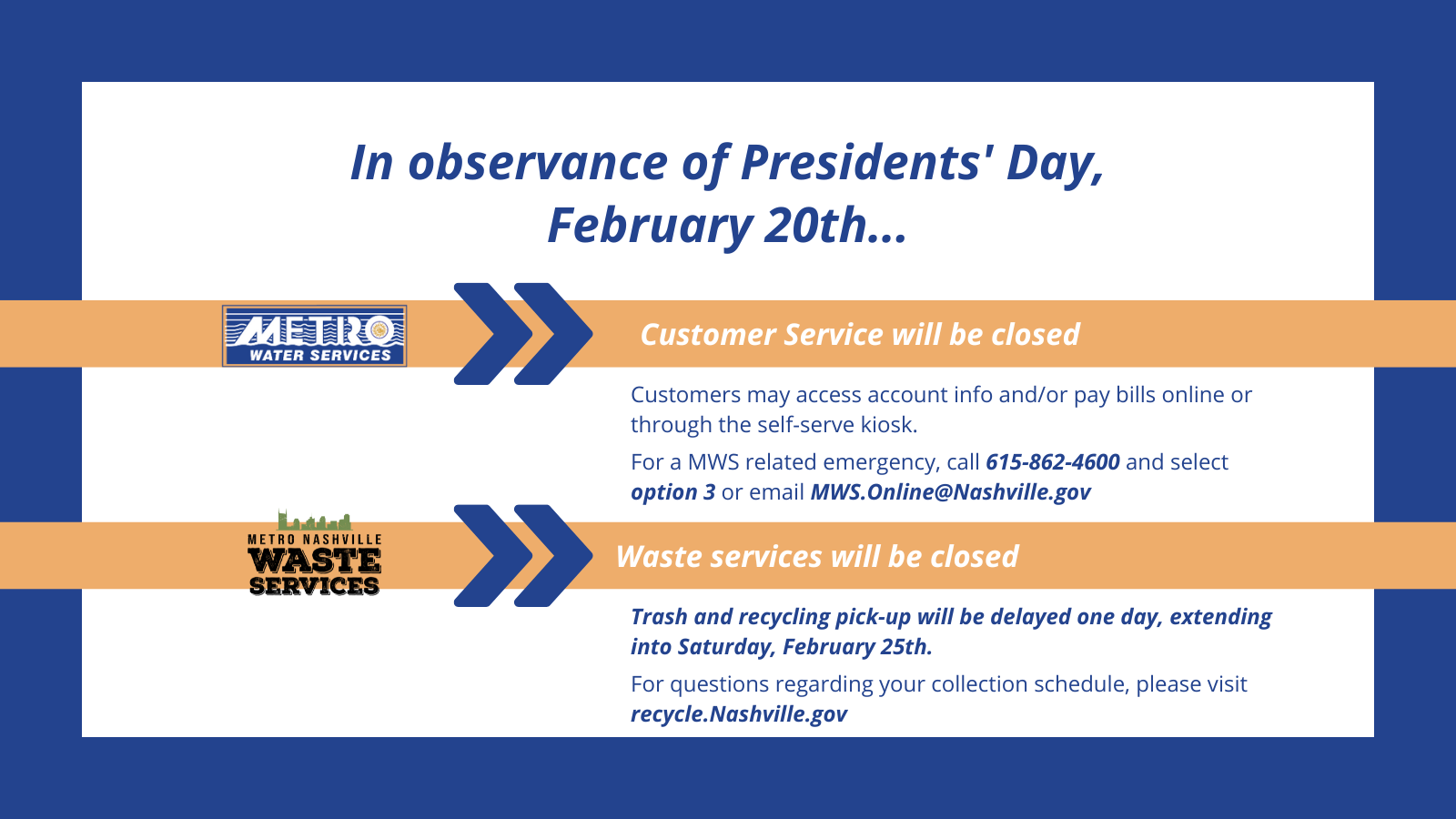 In celebration of Presidents' Day, trash & recycling collection will