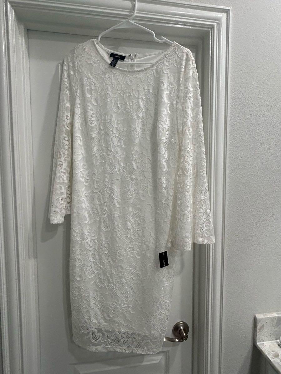 alfani white lace dress Alfani White Capped Sleeves Eyelet Lace Knee-Length Sheath Dress Size 18