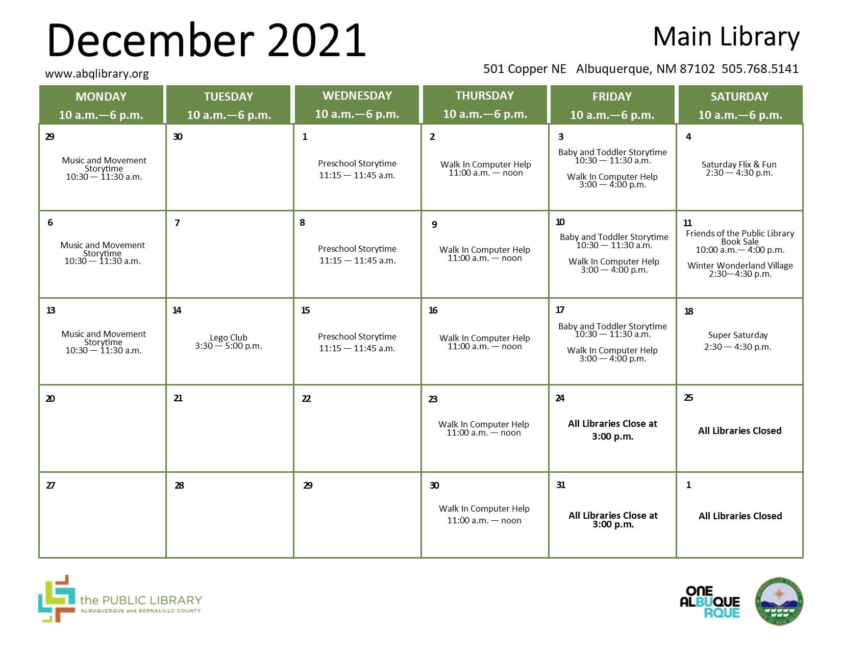 Main Library, December 2021 Calendar & Programs (City of Albuquerque