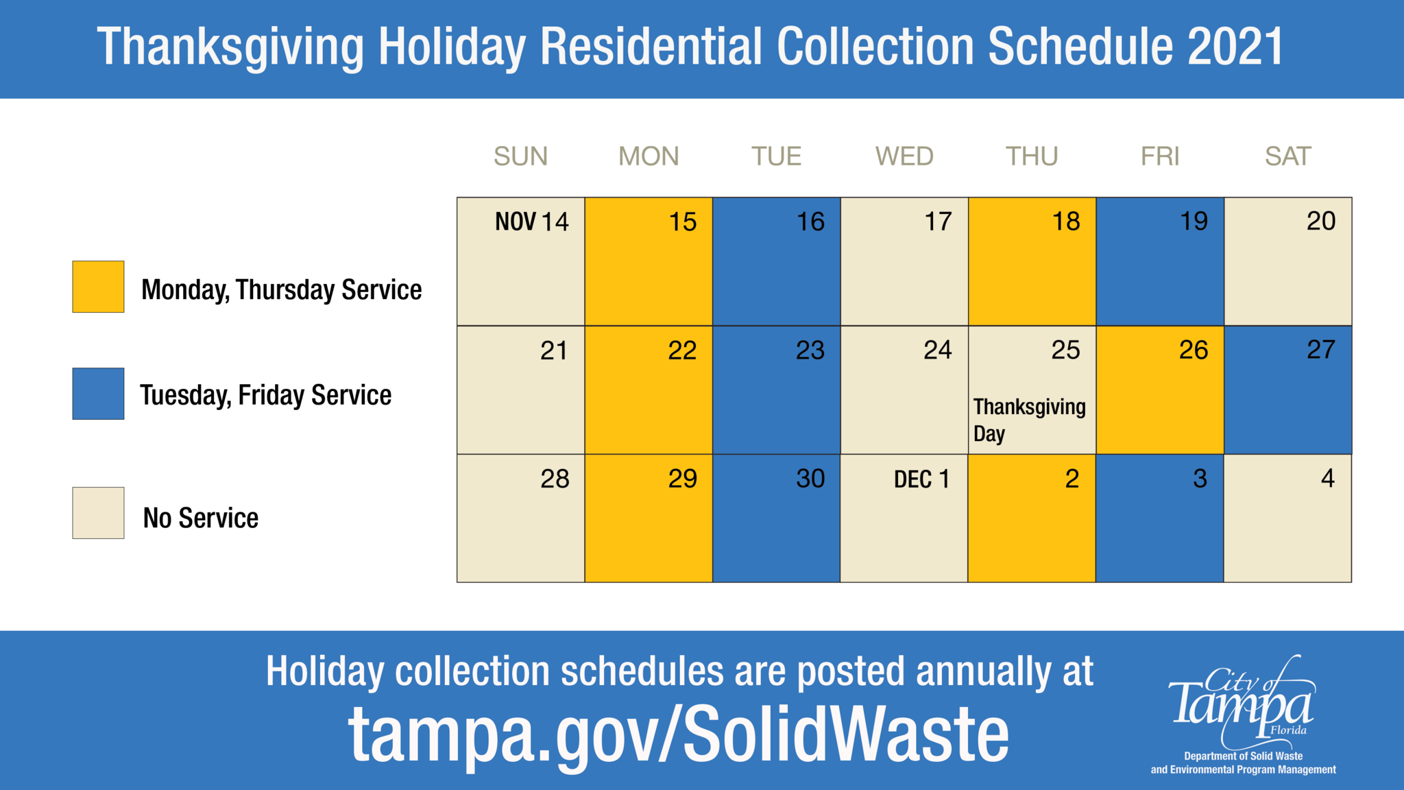 Tampa Solid Waste Department Revises Collection Schedule in Observance