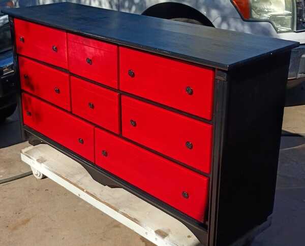 red and black dresser Painting Distressing a drawer dresser infuses the bedroom with a touch of vibrant elegance Upcycled Red & Black Dresser