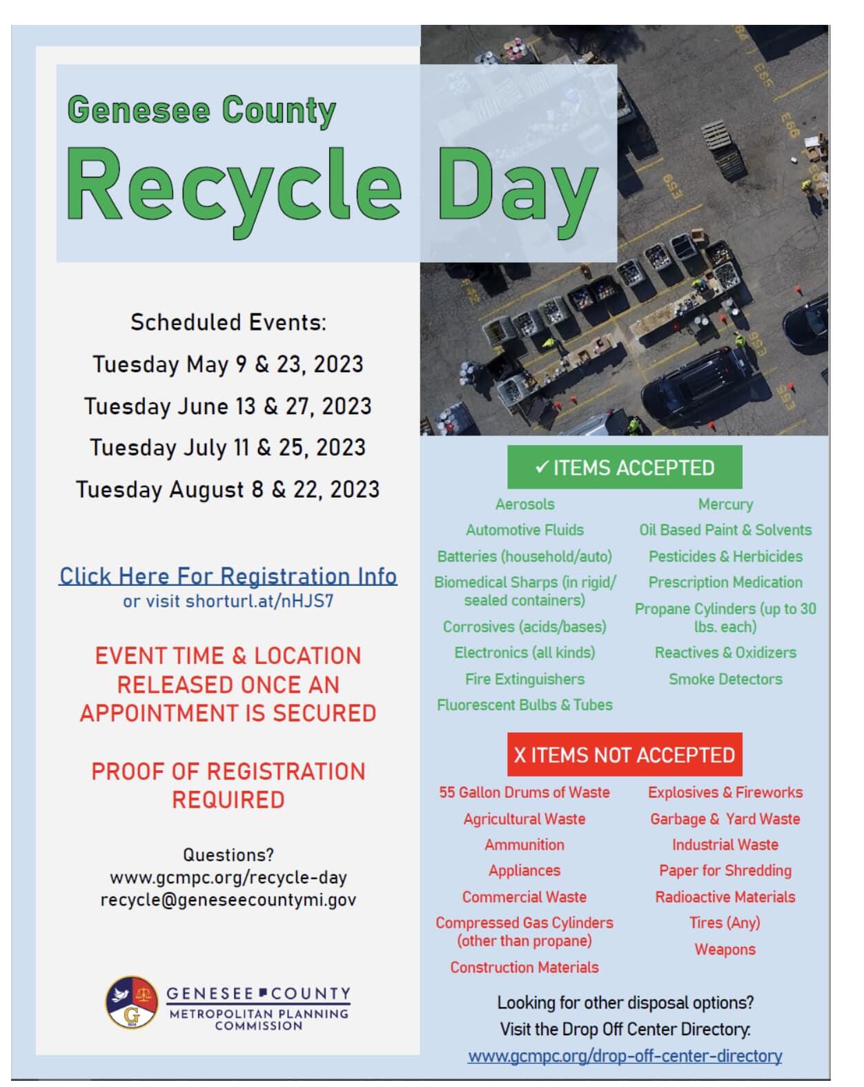 2023 GENESEE COUNTY RECYCLE DAY EVENT SCHEDULE (Charter Township of