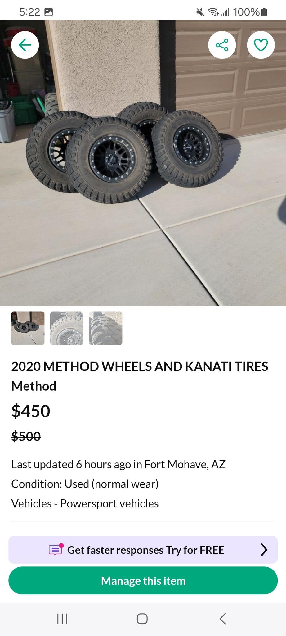 Method Wheels and Kanati Tires for 450 in Mohave Valley, AZ For Sale