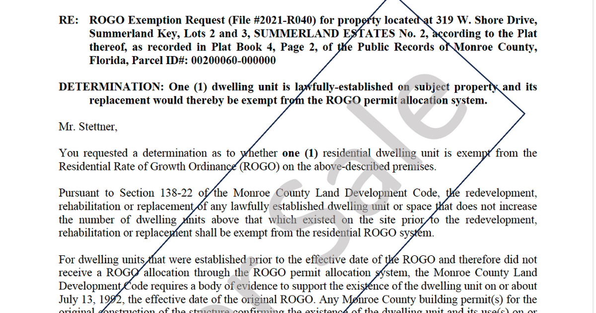 Transferrable ROGO Exemption for 200000 in Summerland Key, FL For