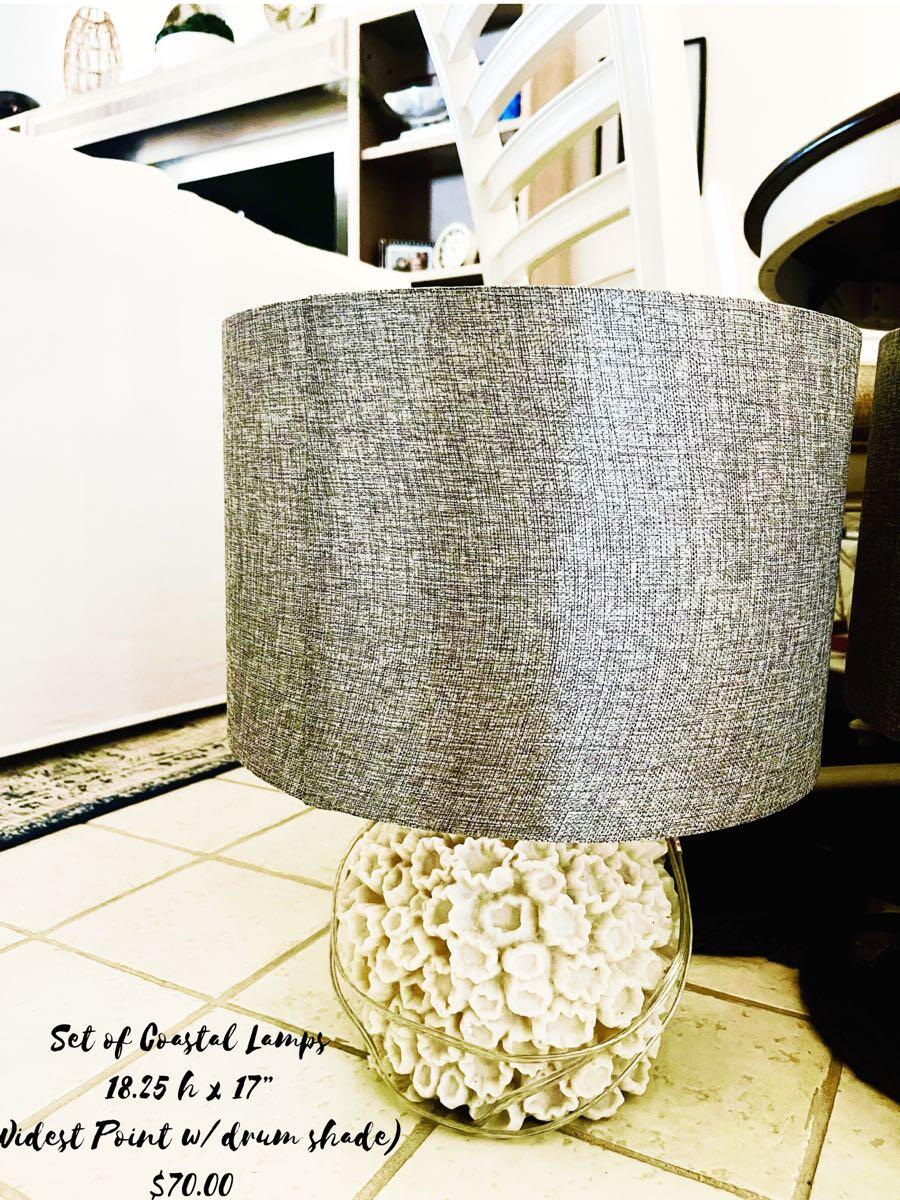 Resin Composite Coral/Barnacle Lamp Set with Grass Cloth fabric Drum