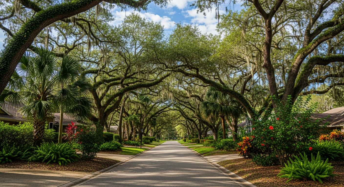 Mature live oaks arch over a landscaped Longwood-area neighborhood street