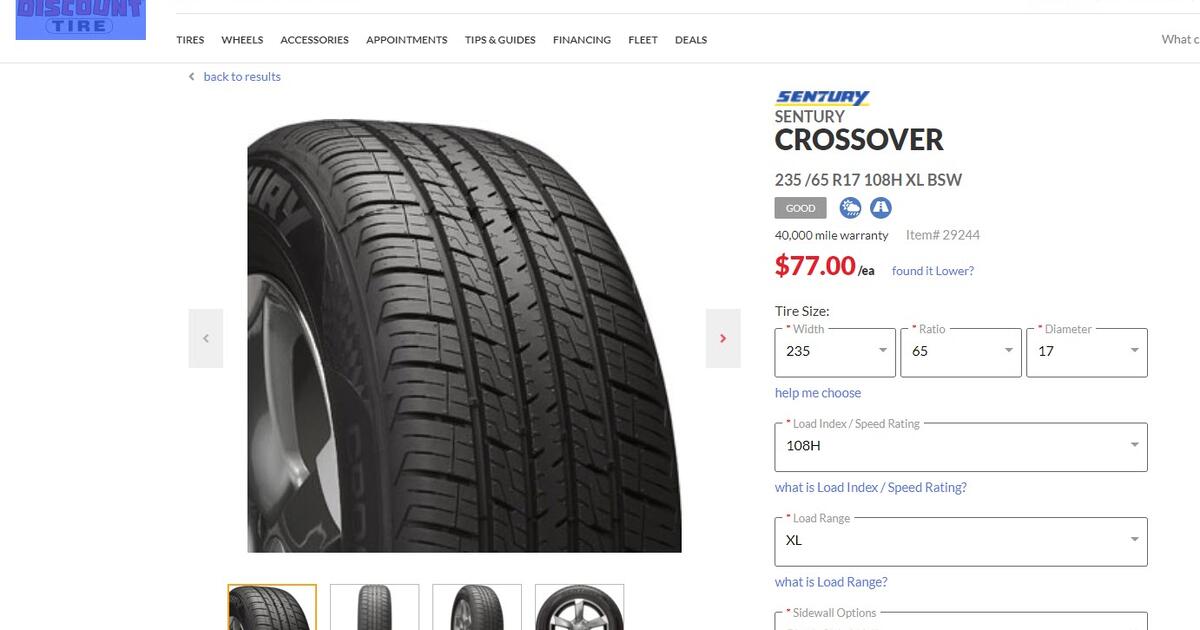 17in 235/65 R17 108H XL BSW mounted tire and wheel less than 200