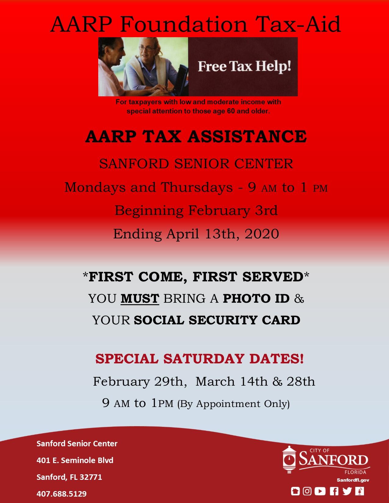AARP Tax Assistance First Come, First Served Sanford Senior Center