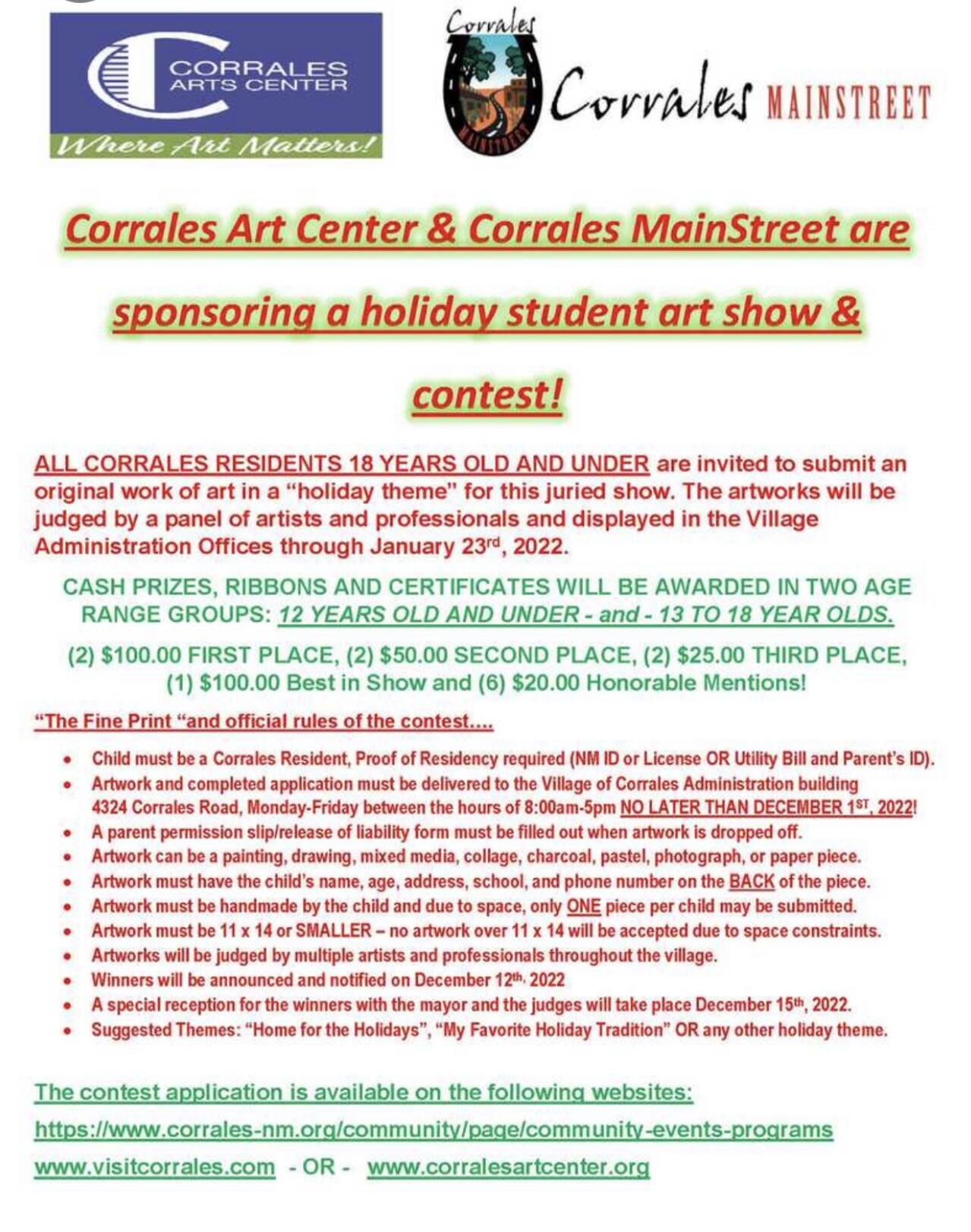 Deadline extended Corrales Youth Art contest. New deadline December 5