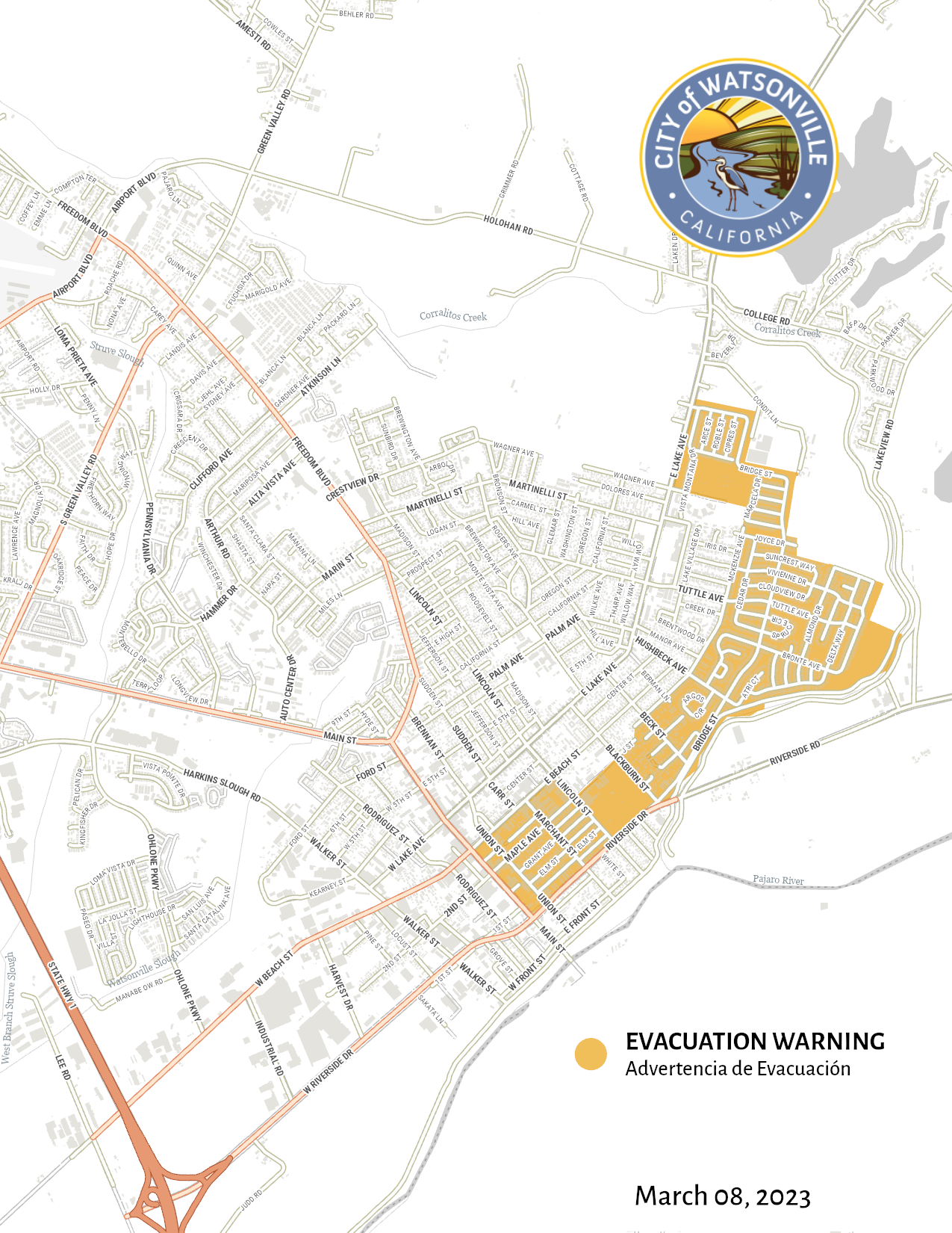 An Evacuation Warning has been issued for the following areas in yellow