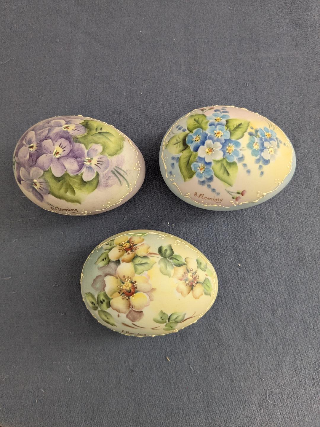 Hand-Painted Floral Porcelain Eggs by A. Fleming