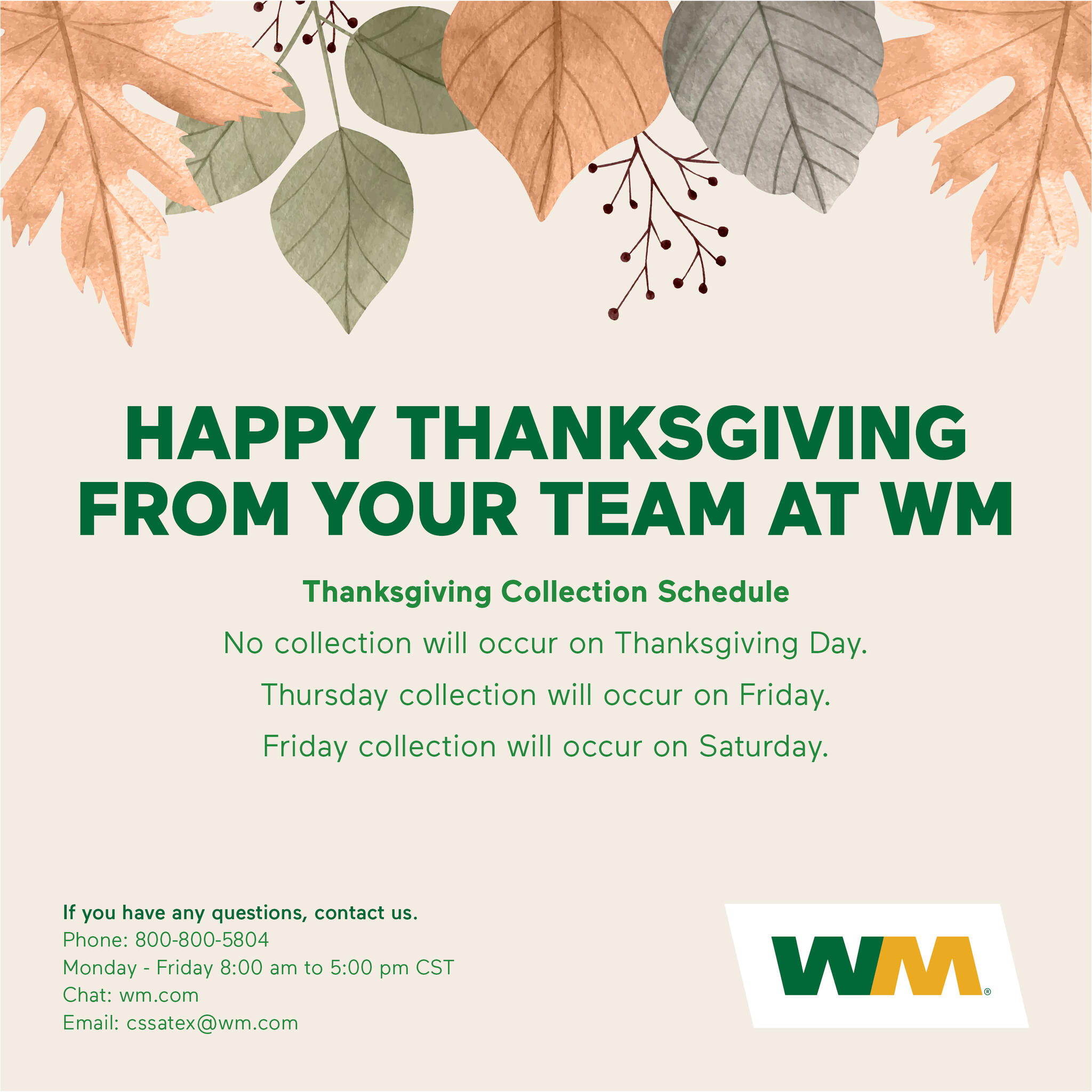 Waste Management Collection schedule for Thanksgiving (City of Conroe