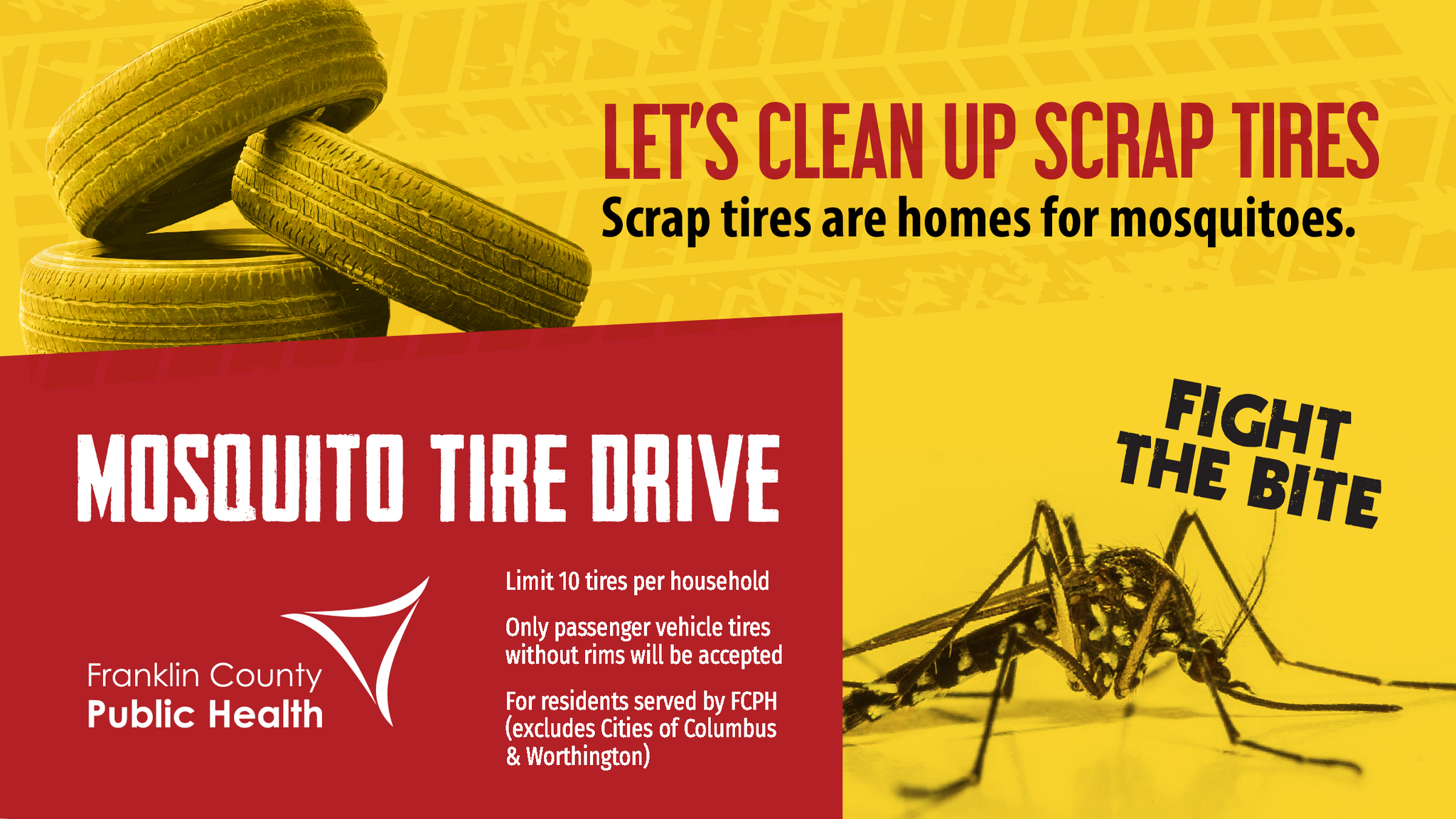 Franklin County Public Health - Kick your used tires to the curb and help  us fight the bite at our tire drive this Saturday 🦟 Scrap tires hold  water, which provides the