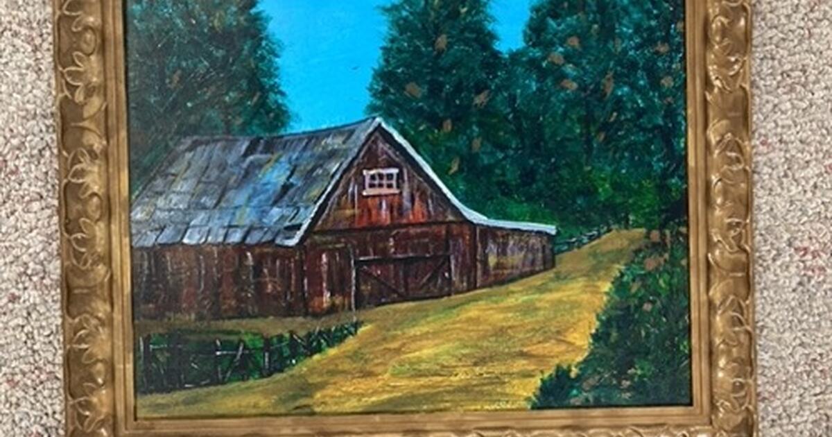 Vintage folk painting on canvas barn 12x16 for 20 in garnet