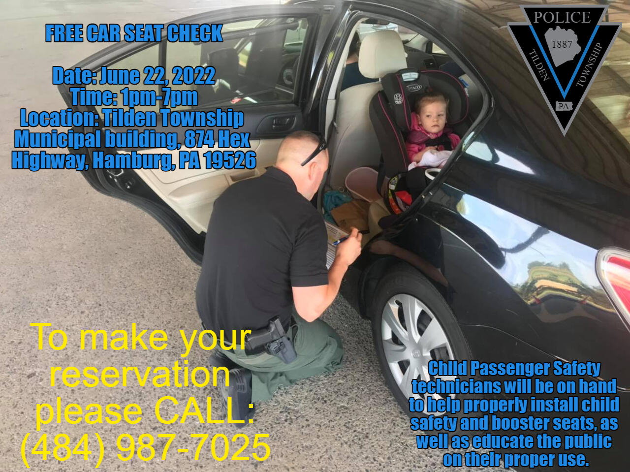 Tilden Car seat check June 22nd (Tilden Township Police Department