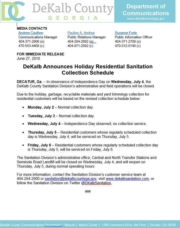 Holiday Trash Pick Up Schedule (DeKalb County Police Department) &mdash; Nextdoor — Nextdoor