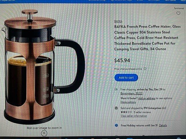 Bayka French Press Coffee Maker, Glass Classic Copper 304 Stainless Steel Coffee Press, Cold Brew Heat Resistant Thickened Borosilicate Coffee Pot