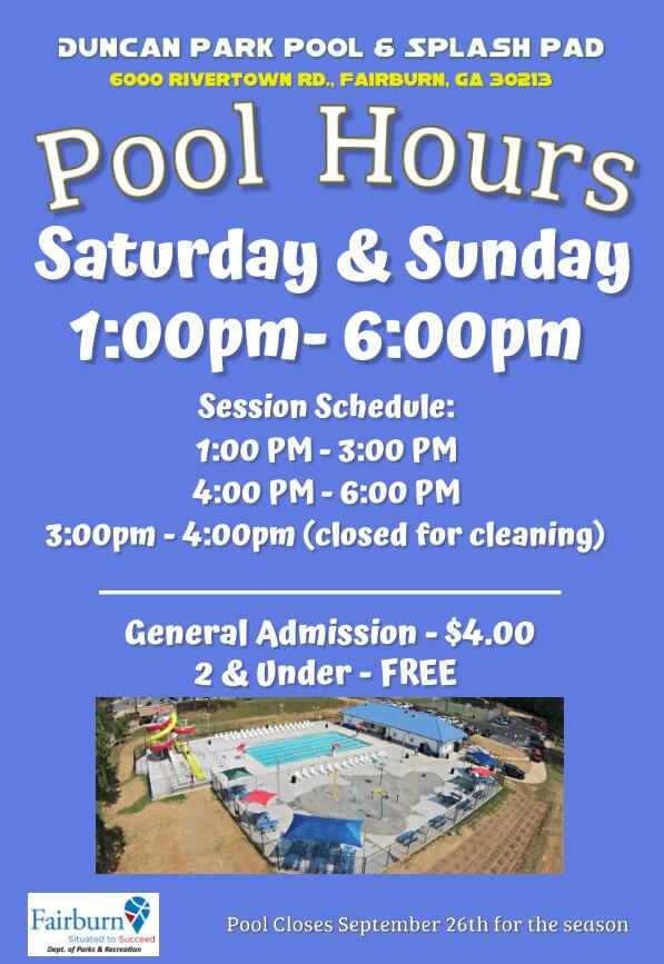 Duncan Park Pool & Splash Pad Hours (City of Fairburn) — Nextdoor