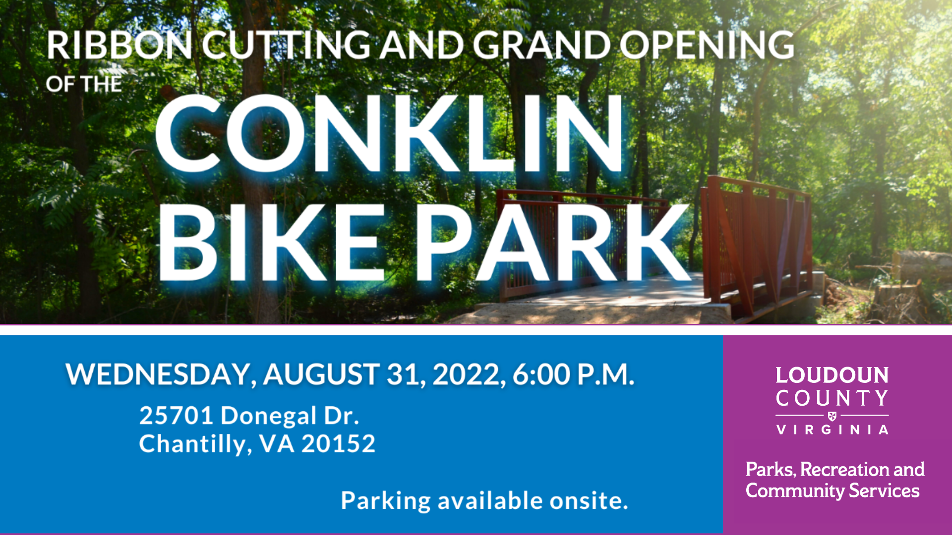Ribbon Cutting for Conklin Bike Park August 31 (Loudoun County